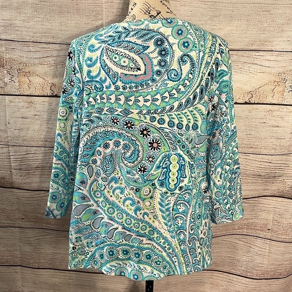 Talbots “The Perfect Tee” Top Paisley 3/4 Sleeves Size LP Large Petite Blue - Picture 5 of 9
